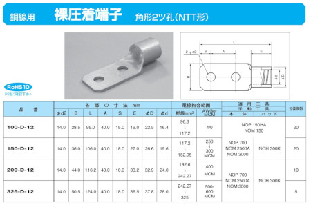ニチフ 325-D-12 銅線用裸圧着端子 角形2ツ孔(NTT形)