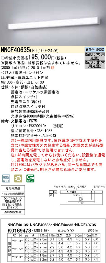 パナソニック NNCF40635LE9 シンプルセルコン階段通路誘導灯 ひとセンサ段調光 NTタイプ Hf32形高出力型1灯相当 60分間タイプ 昼白色