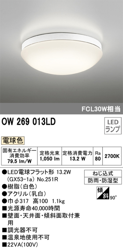オーデリック OW269013LD 屋外用LED共用灯 ランプ交換可能防雨・防湿型 FCL30W相当 電球色